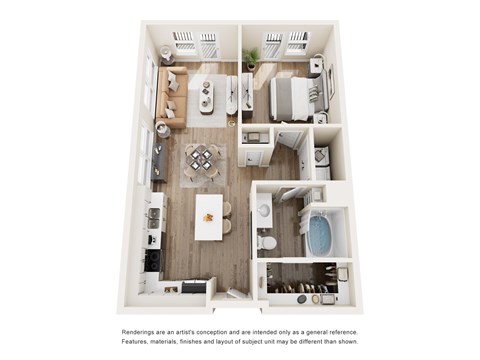 Floor plan for 1 bed, 1 bath, 722 sqft